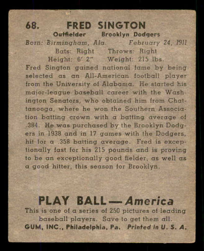 1939 Play Ball #068 Fred Sington Dodgers VG 558252