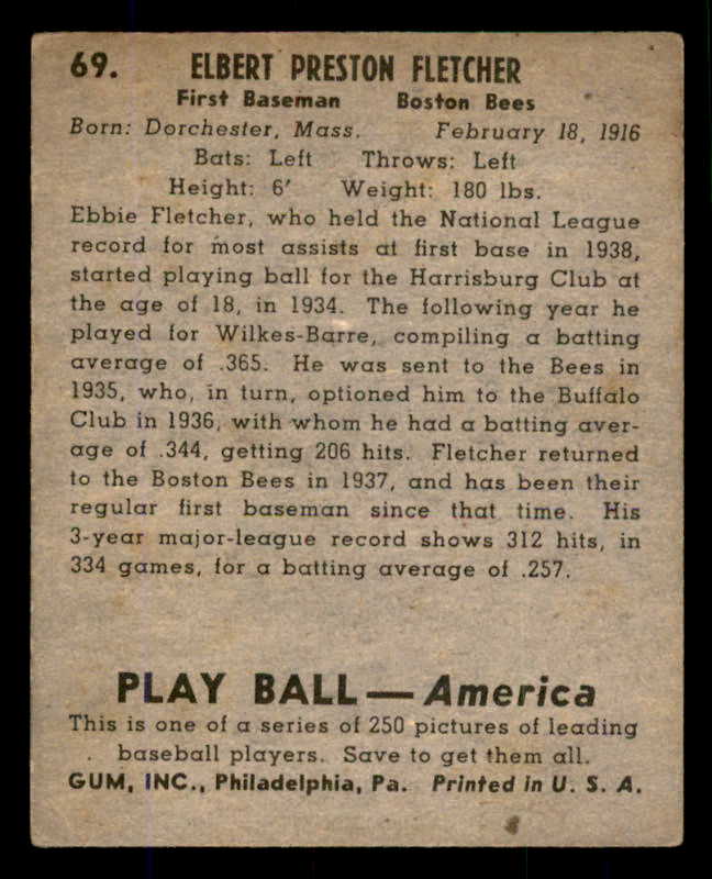 1939 Play Ball #069 Elbie Fletcher Braves VG 558255
