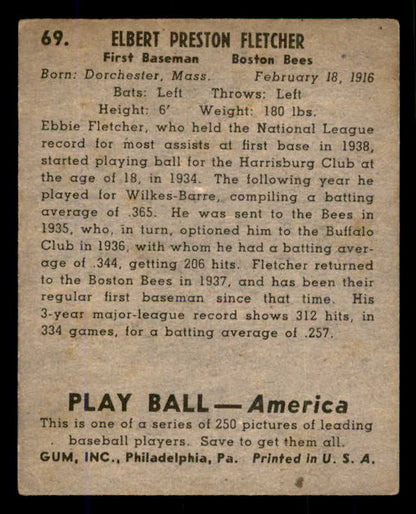 1939 Play Ball #069 Elbie Fletcher Braves VG 558255