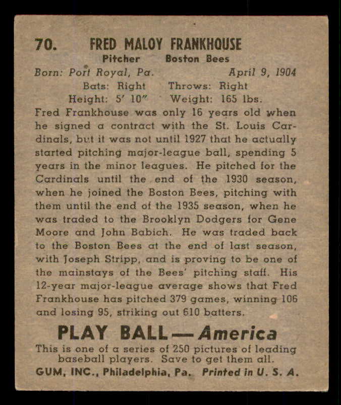 1939 Play Ball #070 Fred Frankhouse Braves EX-MT 558256