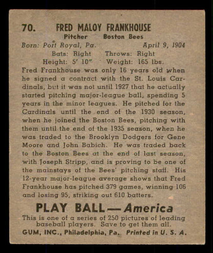 1939 Play Ball #070 Fred Frankhouse Braves EX-MT 558256