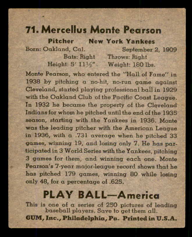 1939 Play Ball #071 Monte Pearson Yankees EX-MT 558257