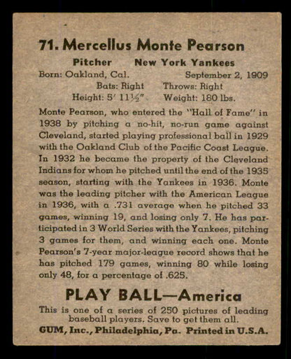 1939 Play Ball #071 Monte Pearson Yankees EX-MT 558257