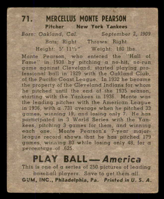 1939 Play Ball #071 Monte Pearson Yankees VG-EX 558258