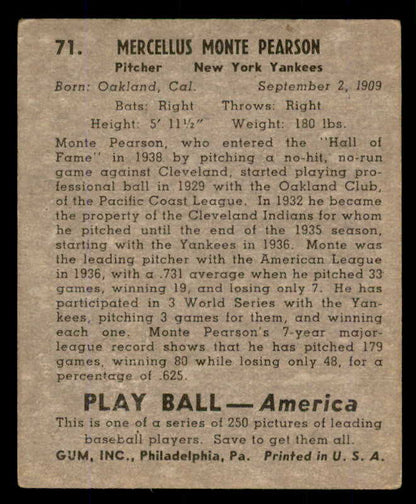 1939 Play Ball #071 Monte Pearson Yankees VG-EX 558258