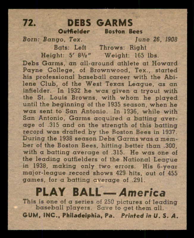 1939 Play Ball #072 Debs Garms Braves EX 558260