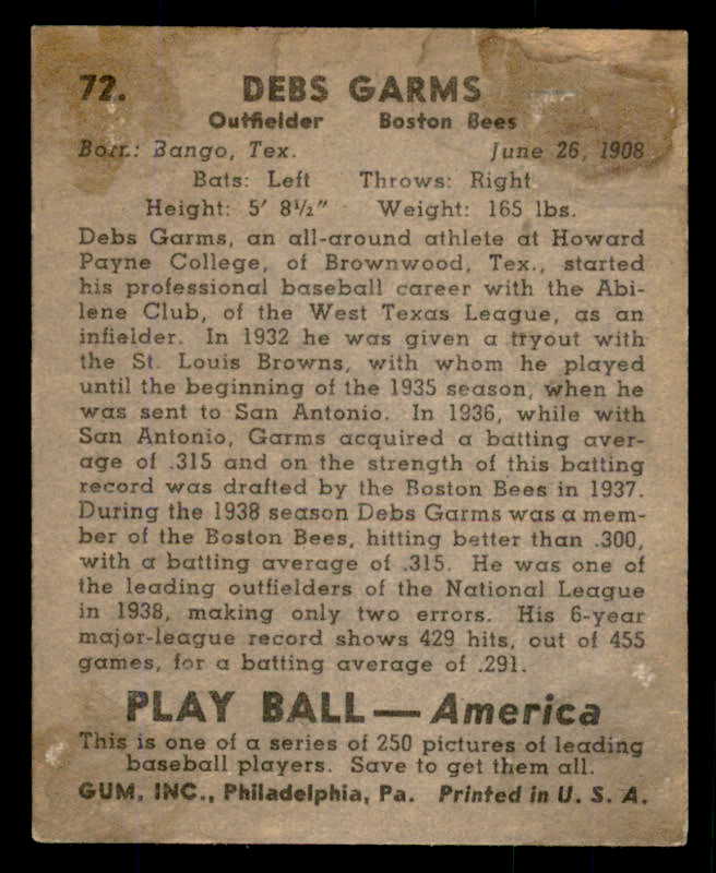 1939 Play Ball #072 Debs Garms Braves Good 558261