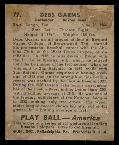 1939 Play Ball #072 Debs Garms Braves Good 558261