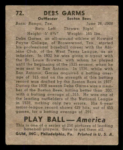 1939 Play Ball #072 Debs Garms Braves FR-GD front damage 558262