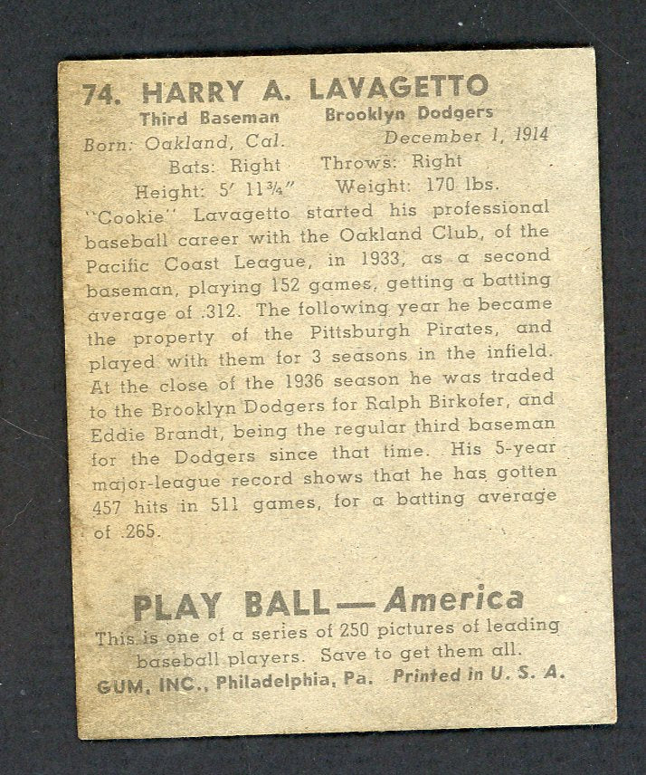 1939 Play Ball #074 Cookie Lavagetto Dodgers VG-EX 558264