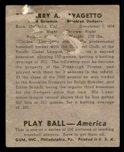 1939 Play Ball #074 Cookie Lavagetto Dodgers Good back damage 558265