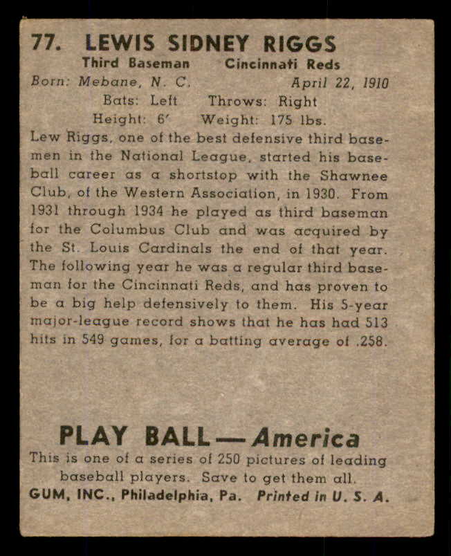 1939 Play Ball #077 Lew Riggs Reds VG-EX 558269