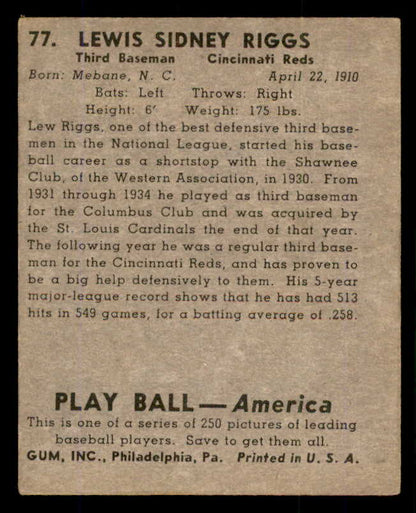 1939 Play Ball #077 Lew Riggs Reds VG-EX 558269