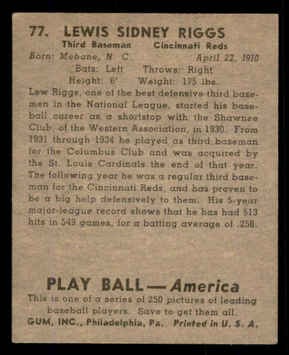 1939 Play Ball #077 Lew Riggs Reds VG-EX 558270