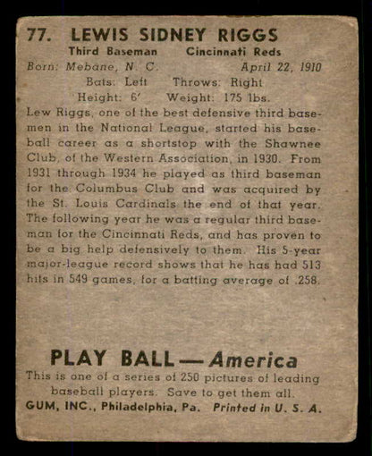 1939 Play Ball #077 Lew Riggs Reds GD-VG 558271