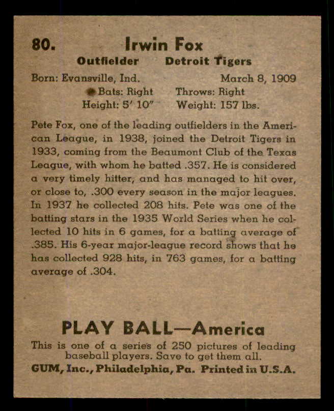 1939 Play Ball #080 Pete Fox Tigers NR-MT 558276