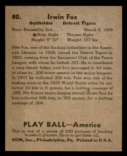 1939 Play Ball #080 Pete Fox Tigers NR-MT 558276