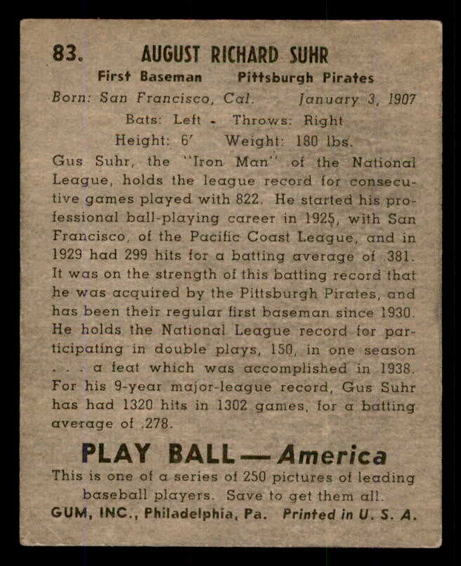 1939 Play Ball #083 Gus Suhr Pirates EX 558280