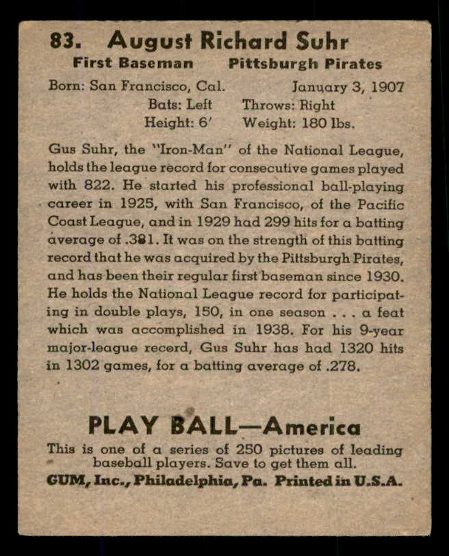 1939 Play Ball #083 Gus Suhr Pirates VG-EX 558281