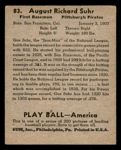 1939 Play Ball #083 Gus Suhr Pirates VG-EX 558281