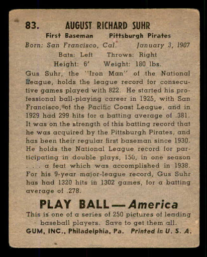 1939 Play Ball #083 Gus Suhr Pirates VG 558282