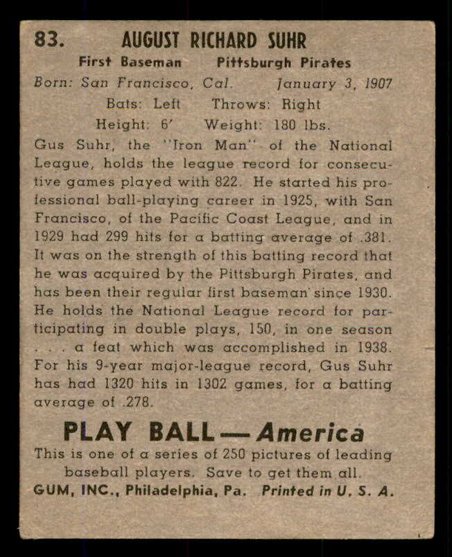 1939 Play Ball #083 Gus Suhr Pirates GD-VG 558283