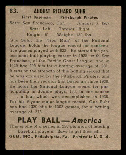 1939 Play Ball #083 Gus Suhr Pirates GD-VG 558283