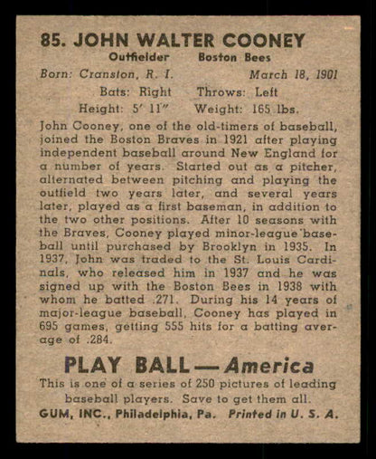 1939 Play Ball #085 Johnny Cooney Braves VG-EX/EX 558288