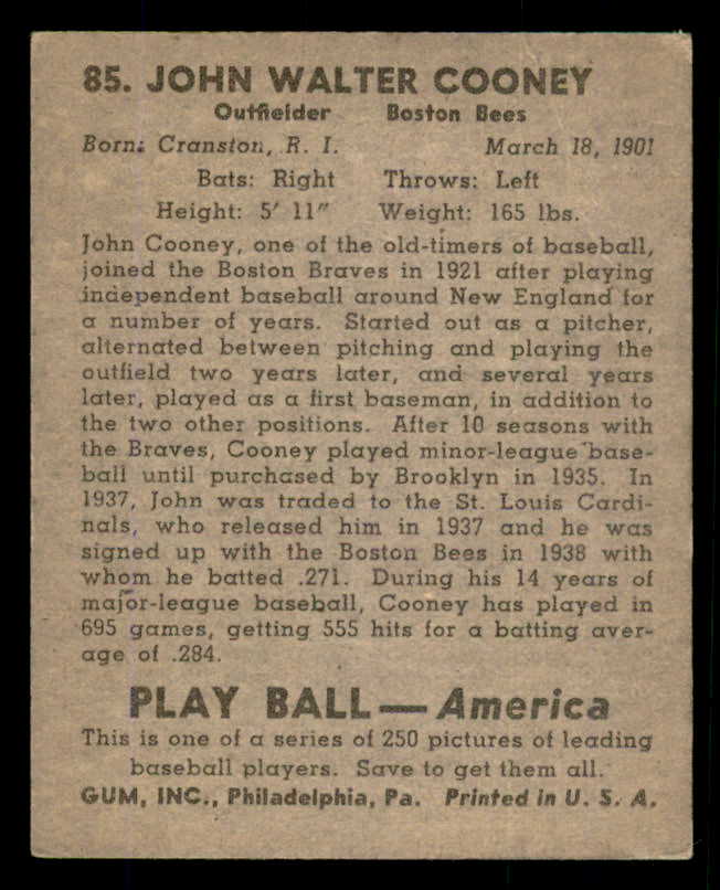 1939 Play Ball #085 Johnny Cooney Braves VG 558289