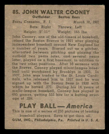 1939 Play Ball #085 Johnny Cooney Braves VG 558289
