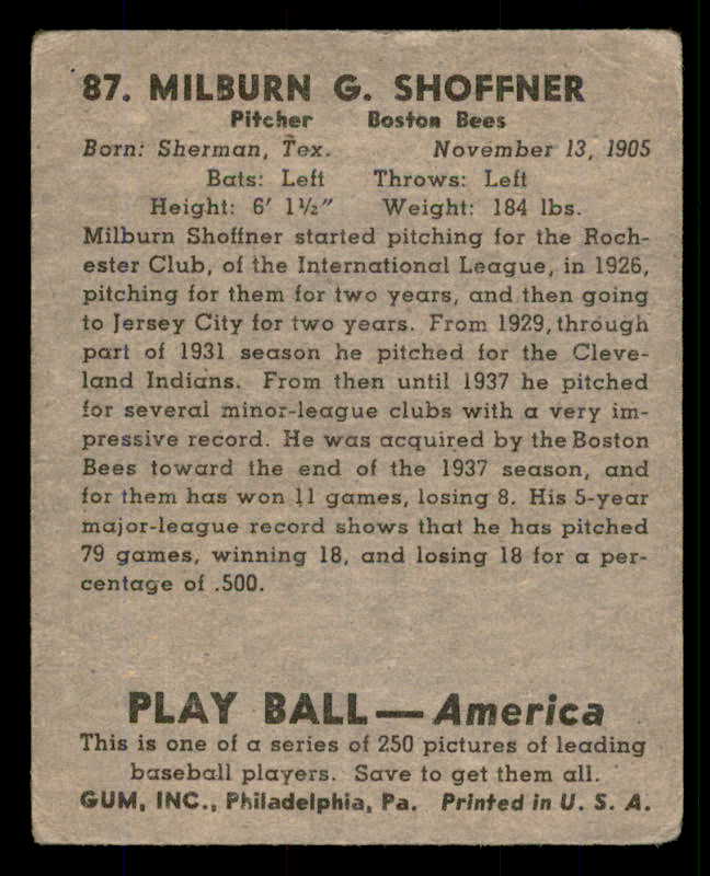 1939 Play Ball #087 Milburn Shoffner Braves Good 558294