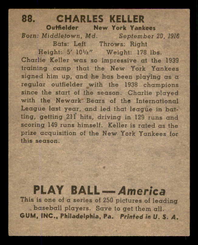 1939 Play Ball #088 Charlie Keller Yankees EX+ 558295