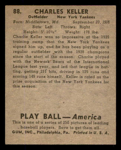 1939 Play Ball #088 Charlie Keller Yankees EX+ 558295