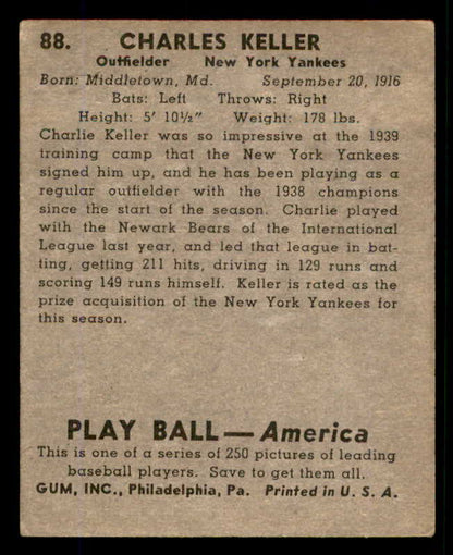 1939 Play Ball #088 Charlie Keller Yankees VG-EX/EX 558296