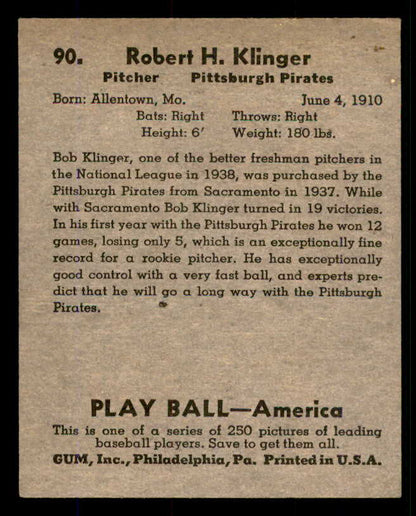 1939 Play Ball #090 Bob Klinger Pirates EX 558297