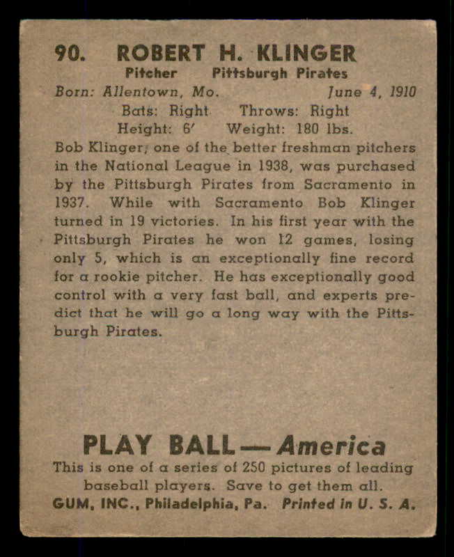 1939 Play Ball #090 Bob Klinger Pirates VG-EX 558298