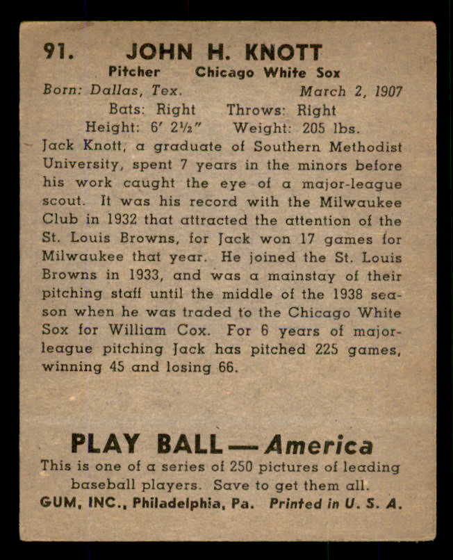 1939 Play Ball #091 Jack Knott White Sox VG-EX 558301