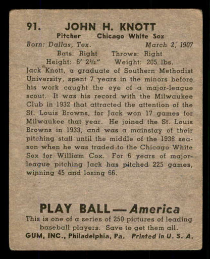 1939 Play Ball #091 Jack Knott White Sox VG 558302