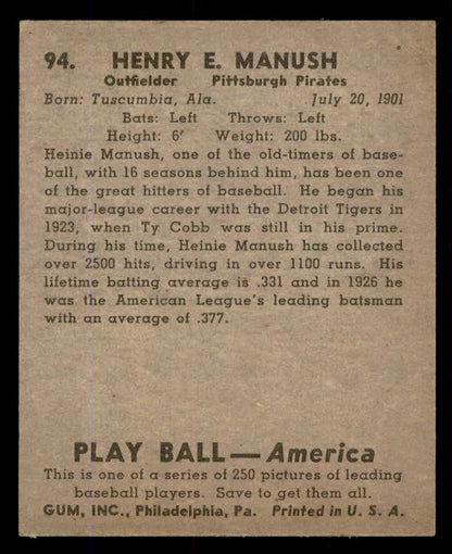 1939 Play Ball #094 Heinie Manush Pirates EX+ 558304