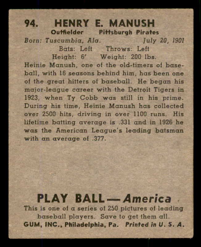 1939 Play Ball #094 Heinie Manush Pirates VG-EX 558305