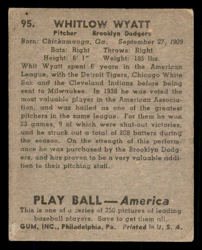 1939 Play Ball #095 Whit Wyatt Dodgers VG-EX 558307