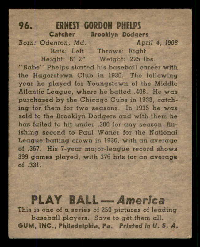 1939 Play Ball #096 Babe Phelps Dodgers VG-EX 558308