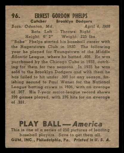 1939 Play Ball #096 Babe Phelps Dodgers VG-EX 558308