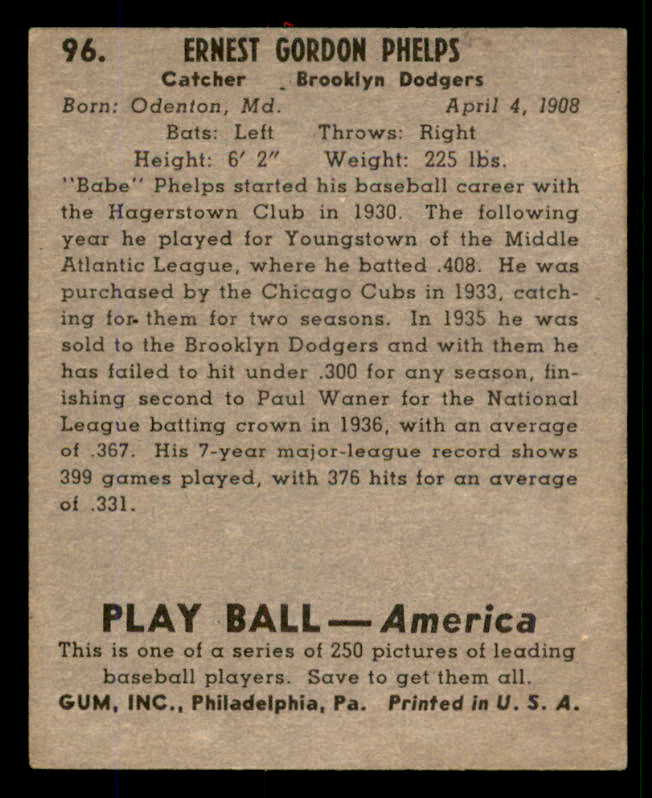 1939 Play Ball #096 Babe Phelps Dodgers VG/VG-EX 558309