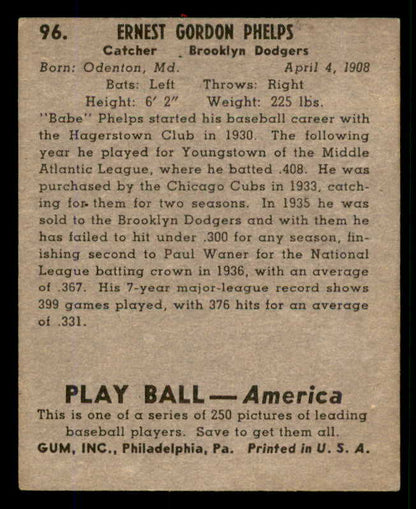 1939 Play Ball #096 Babe Phelps Dodgers VG/VG-EX 558309