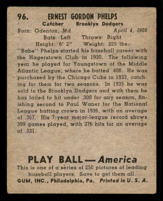 1939 Play Ball #096 Babe Phelps Dodgers GD-VG 558310