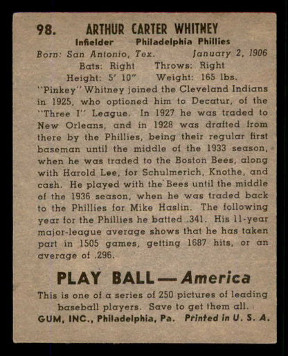1939 Play Ball #098 Pinky Whitney Phillies EX 558315