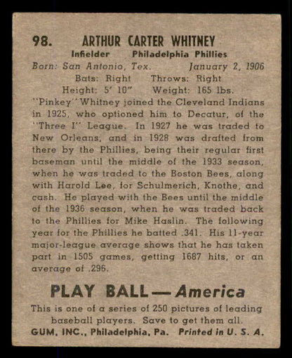 1939 Play Ball #098 Pinky Whitney Phillies VG-EX 558316