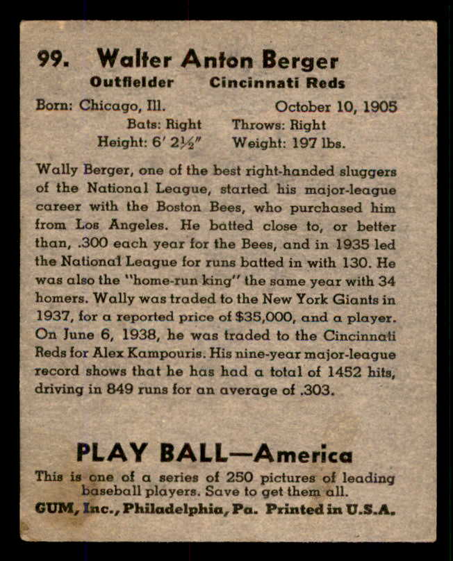 1939 Play Ball #099 Wally Berger Reds VG 558317