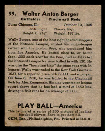 1939 Play Ball #099 Wally Berger Reds VG 558317